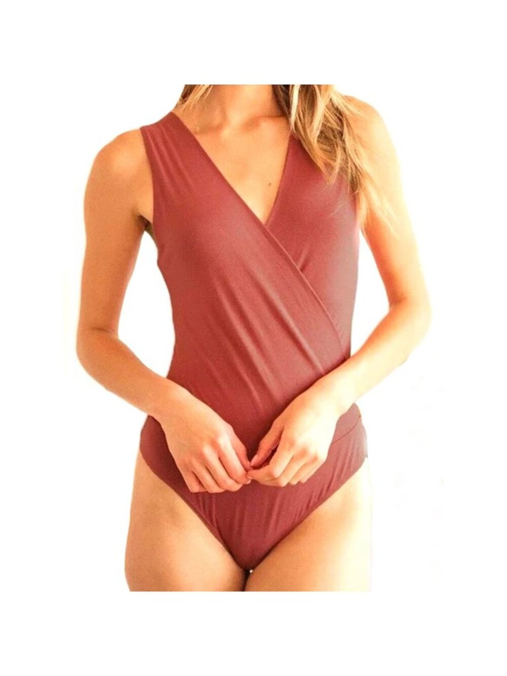 Lulus Staying Basic Marsala Faux Wrap Sleeveless Bodysuit Size Small 24809 NWT